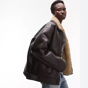 Topshop faux leather shearling oversized car coat with borg lining in brown